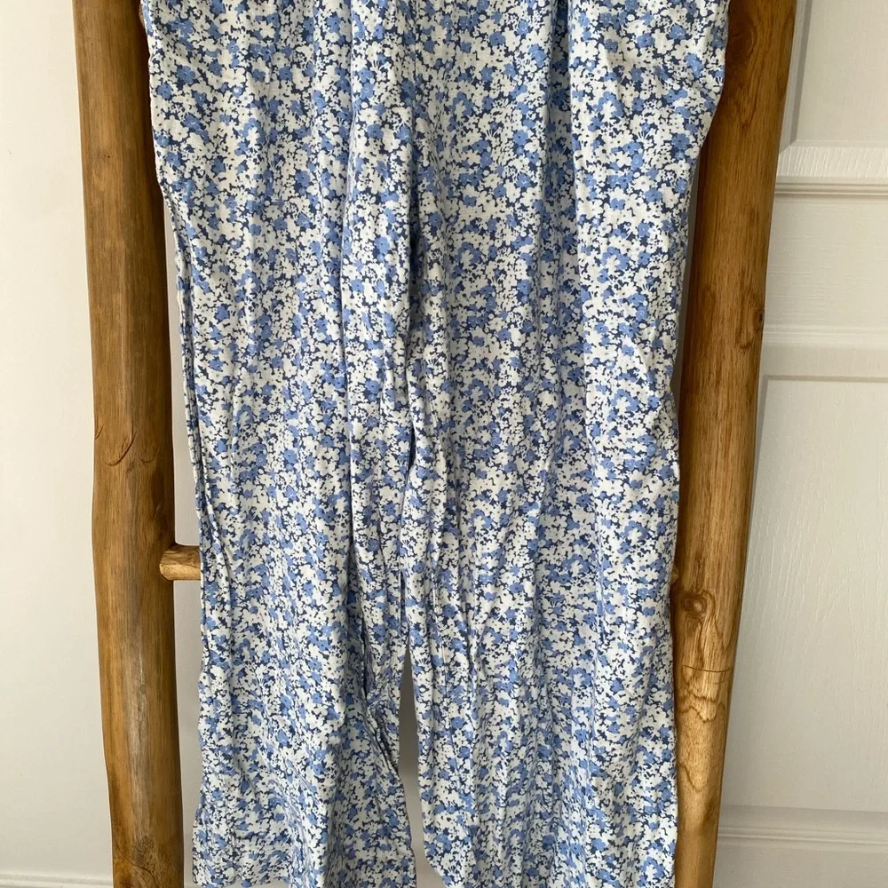 H&M Floral Square-Neck Tie Belt Jumpsuit Linen Blend Sz XL Spring Summer Casual